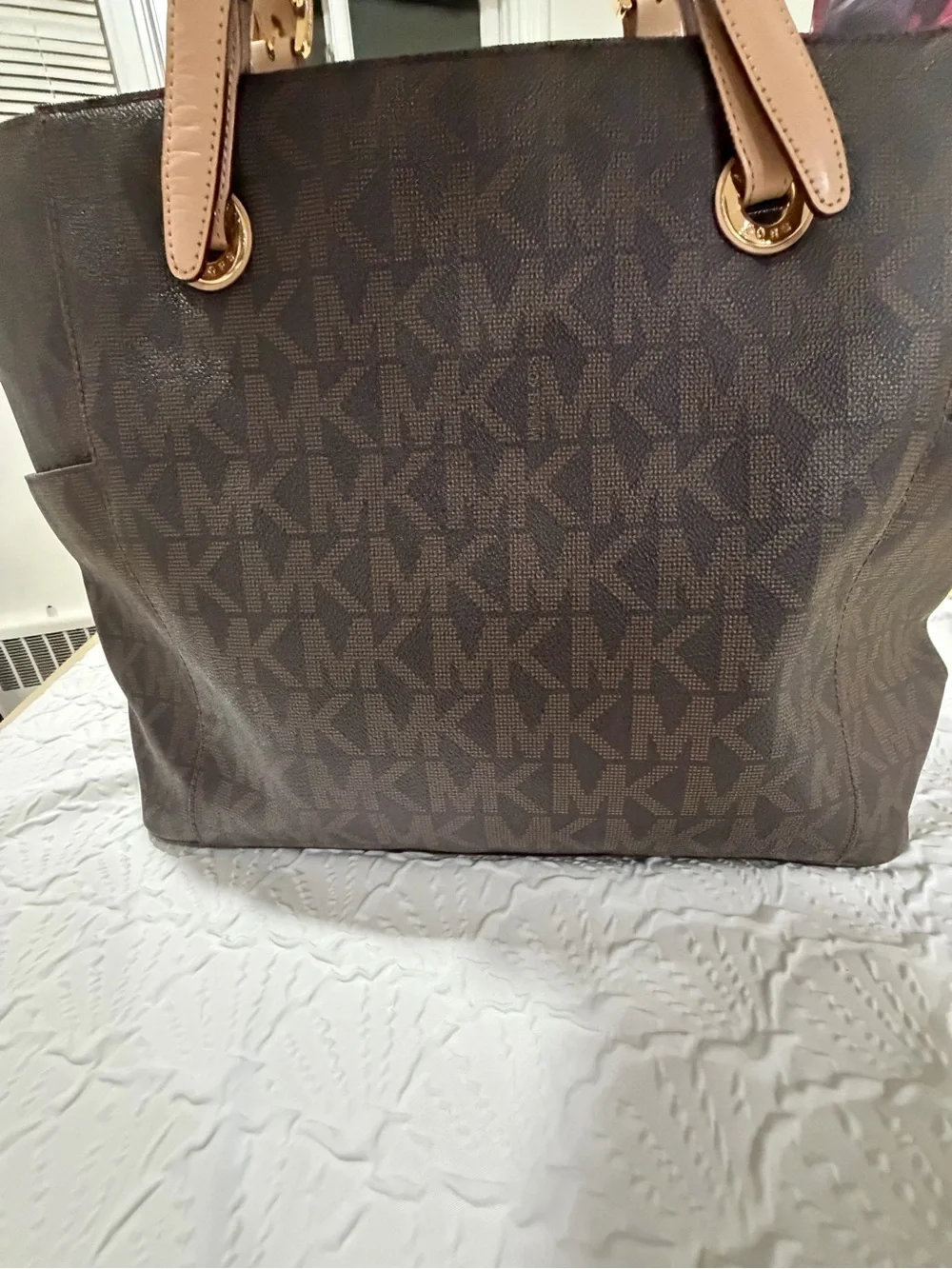 Michael Kors Brown Monogram Tote with Blush Straps